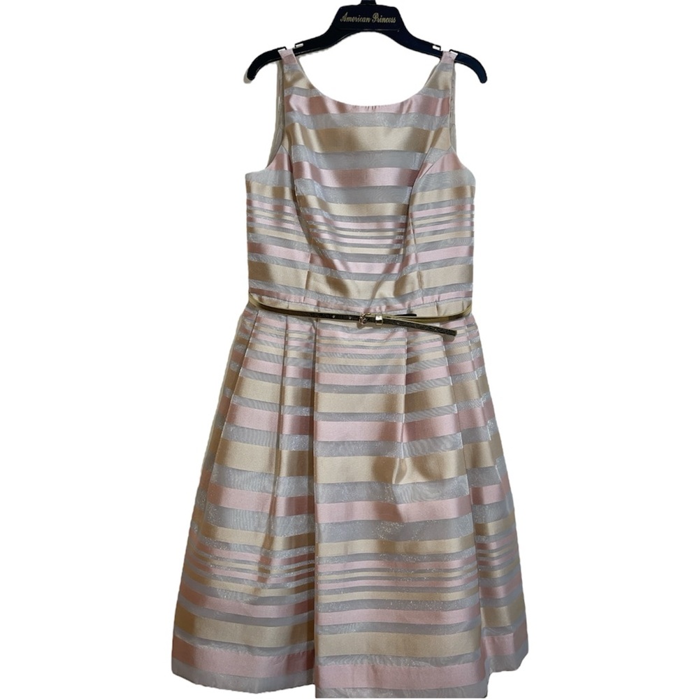 Jessica Howard Stripe Pink Beige Fit Flare Sleeveless Belted Mini Dress Size 8